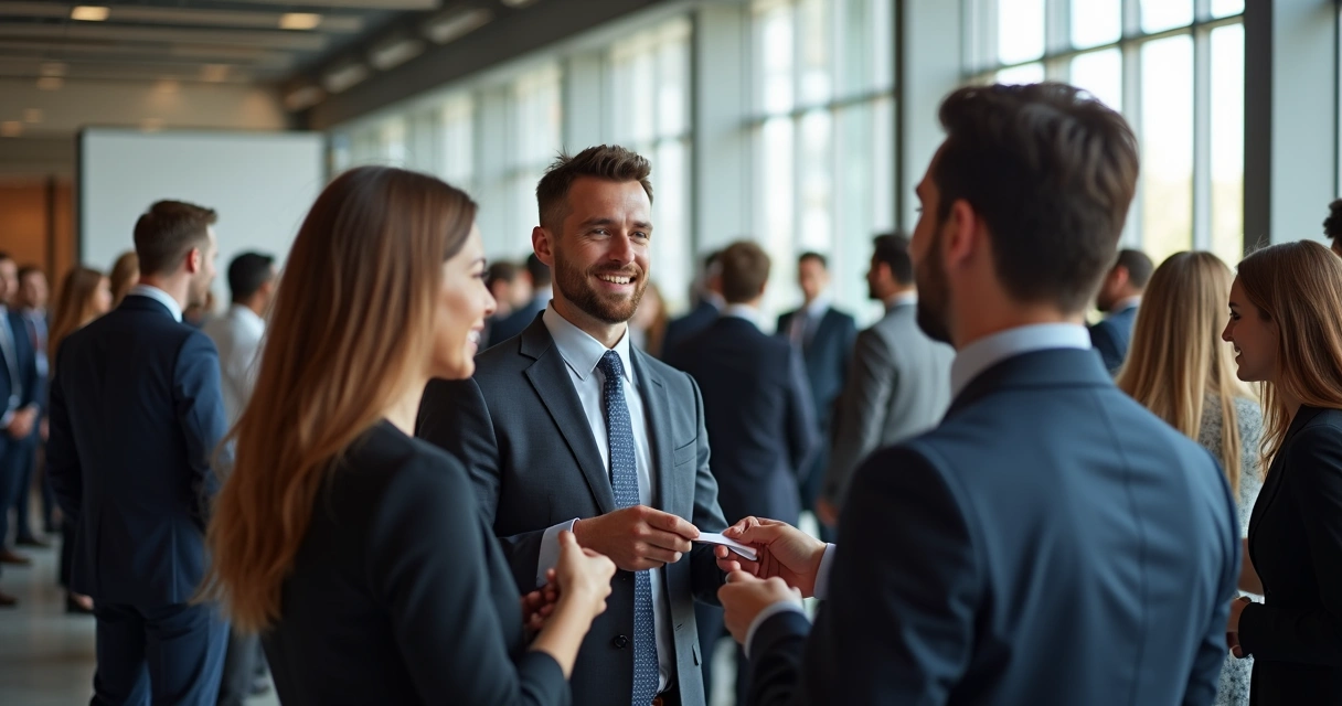 Empresários trocando cartões em evento de networking 