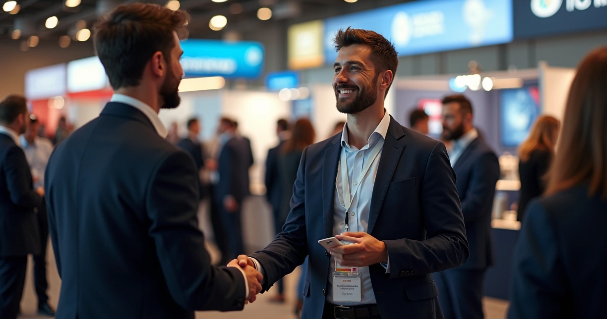 Profissionais trocam cartões em evento de networking empresarial 