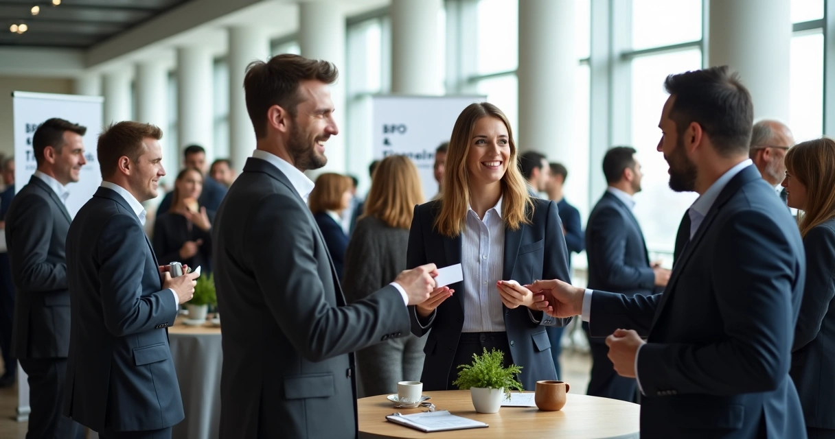 Grupo de profissionais em evento de networking em ambiente corporativo 