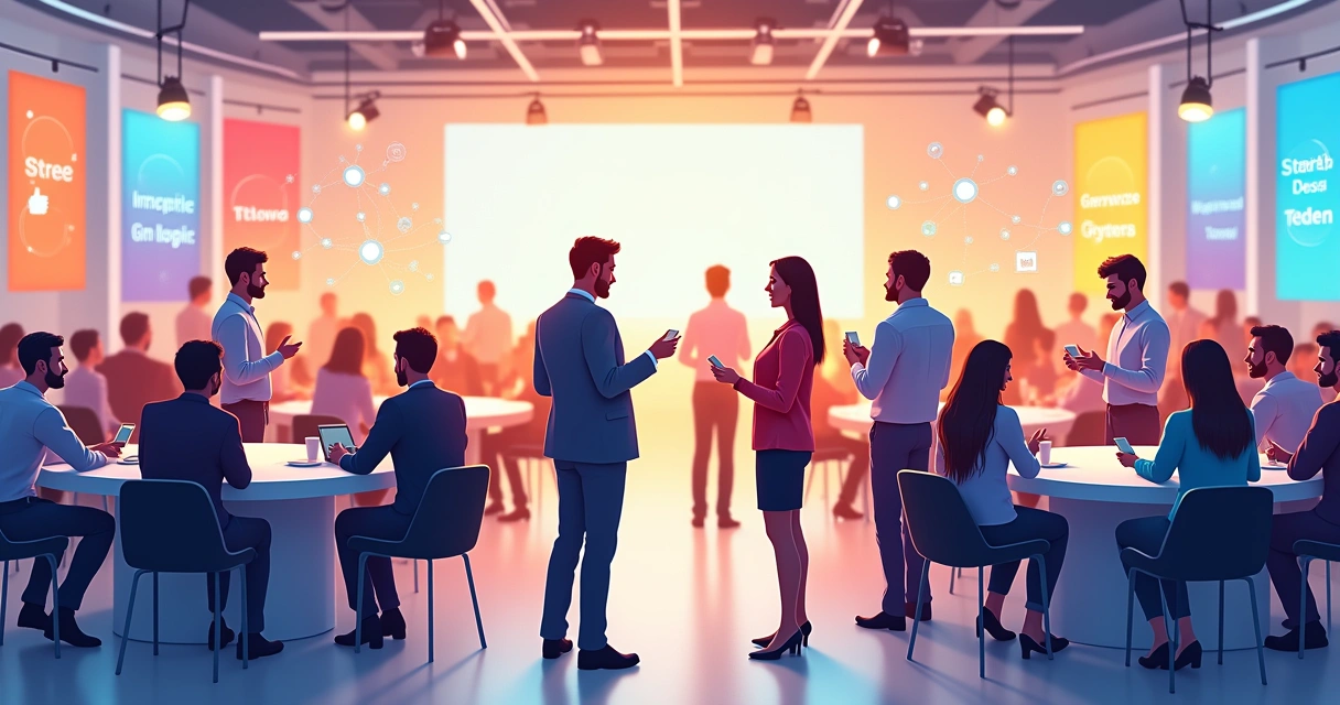 Evento de networking em um moderno hall de conferências, profissionais engajados conversando e trocando cartões.