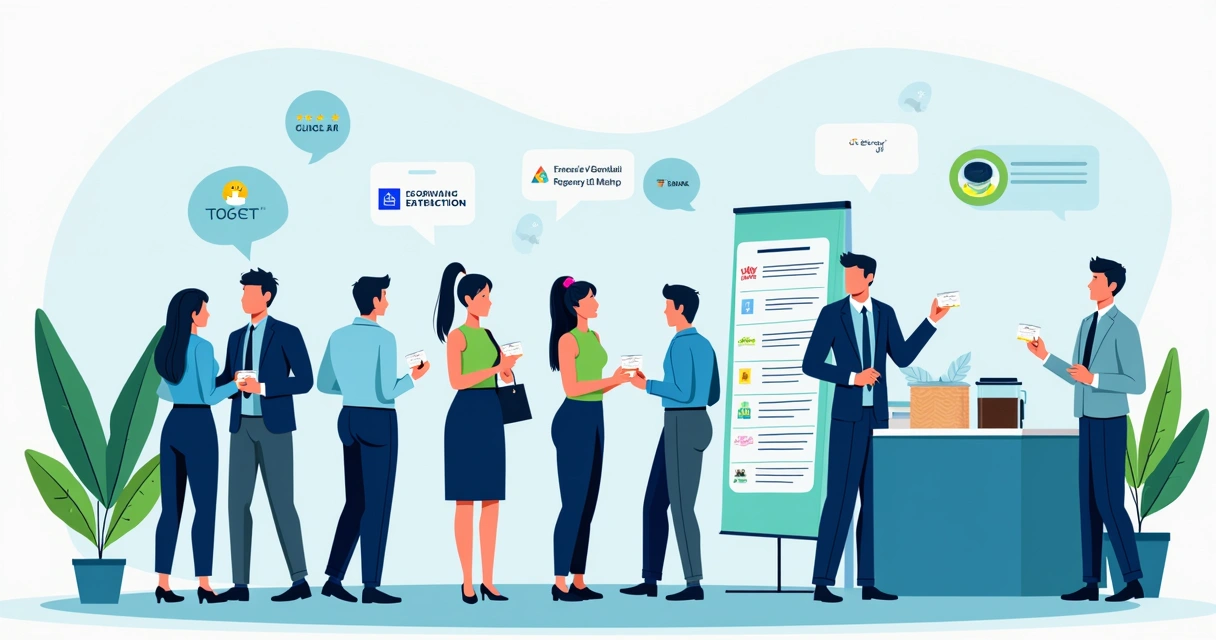 Profissionais de contabilidade e fornecedores conversando em evento de networking 
