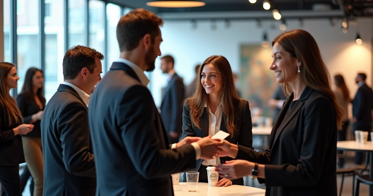 Profissionais em evento corporativo conversando em torno de mesas 