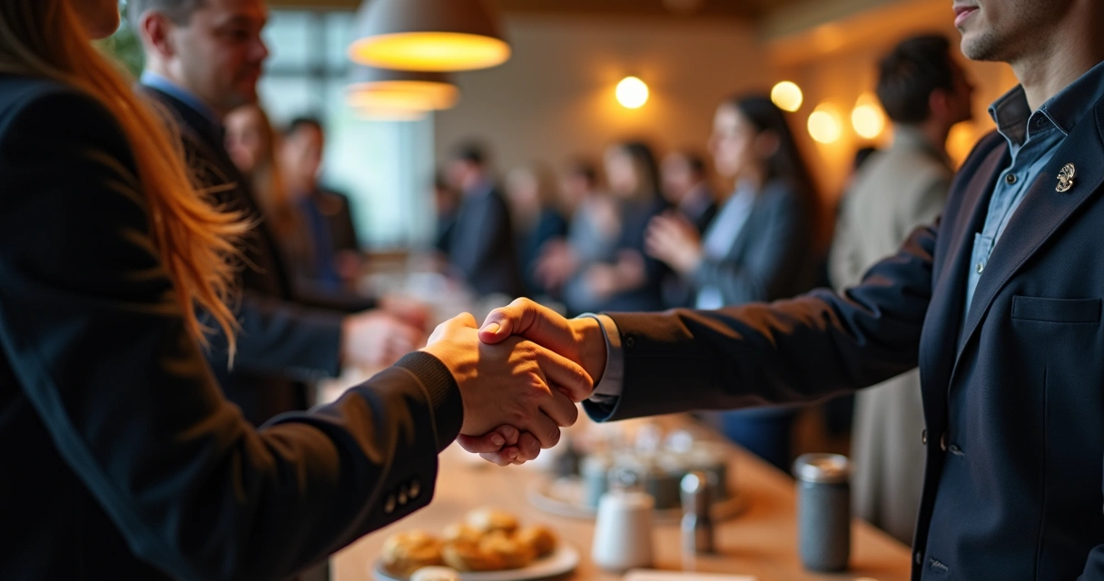 Profissionais trocando cartões em evento de networking empresarial 
