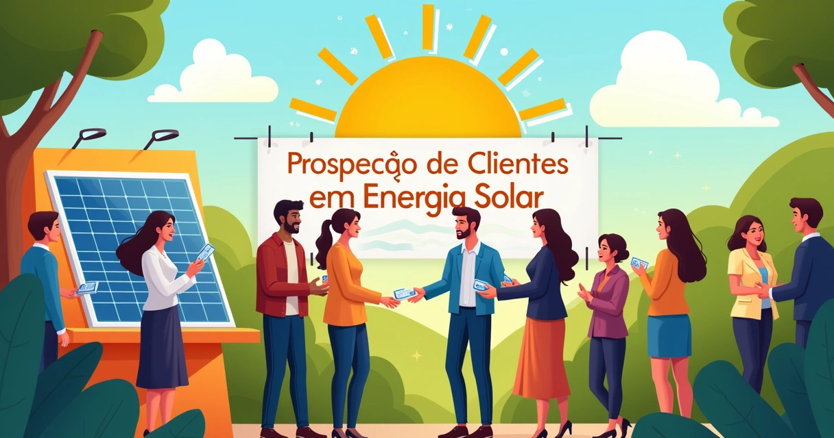 Evento de networking sobre prospecção de clientes em energia solar com profissionais trocando cartões.