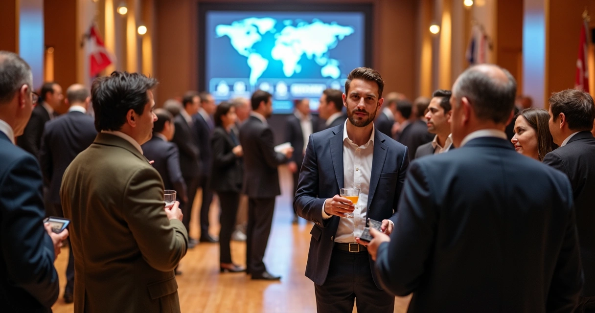Evento internacional de networking com profissionais de diferentes países conversando em grupo 