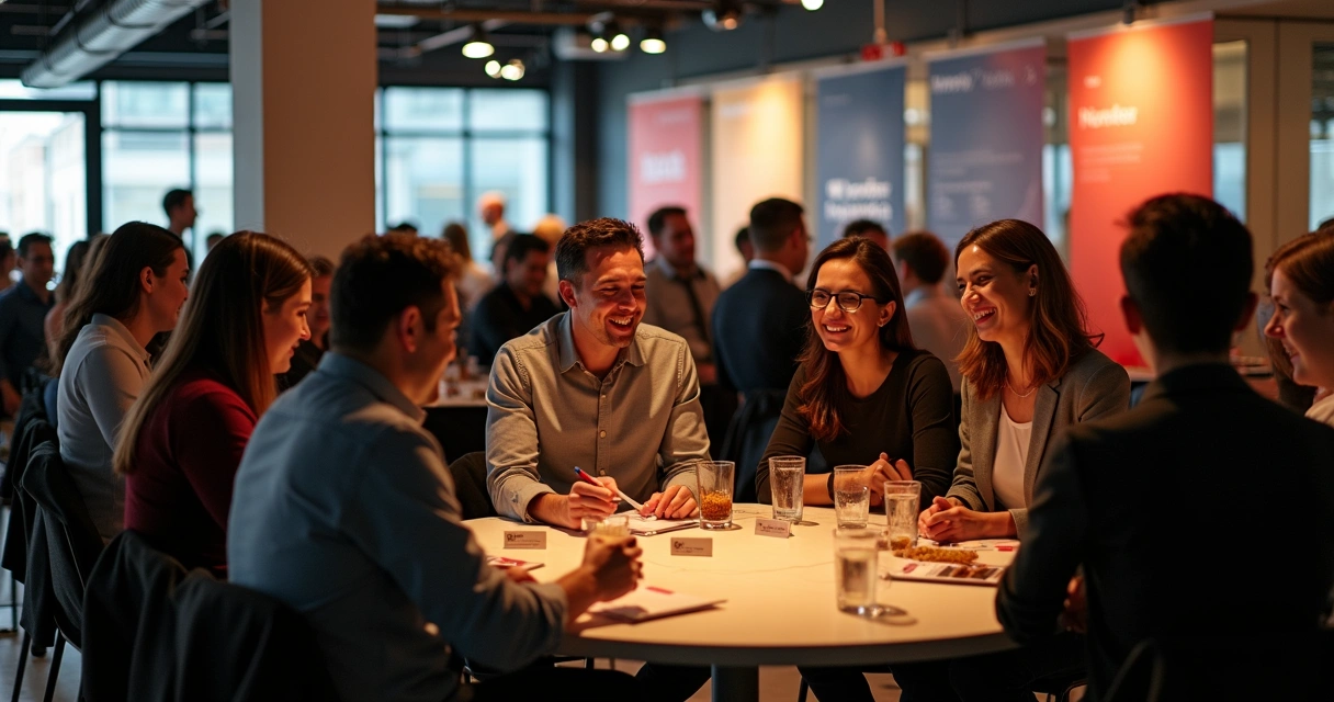 Profissionais trocando cartões em evento de networking 