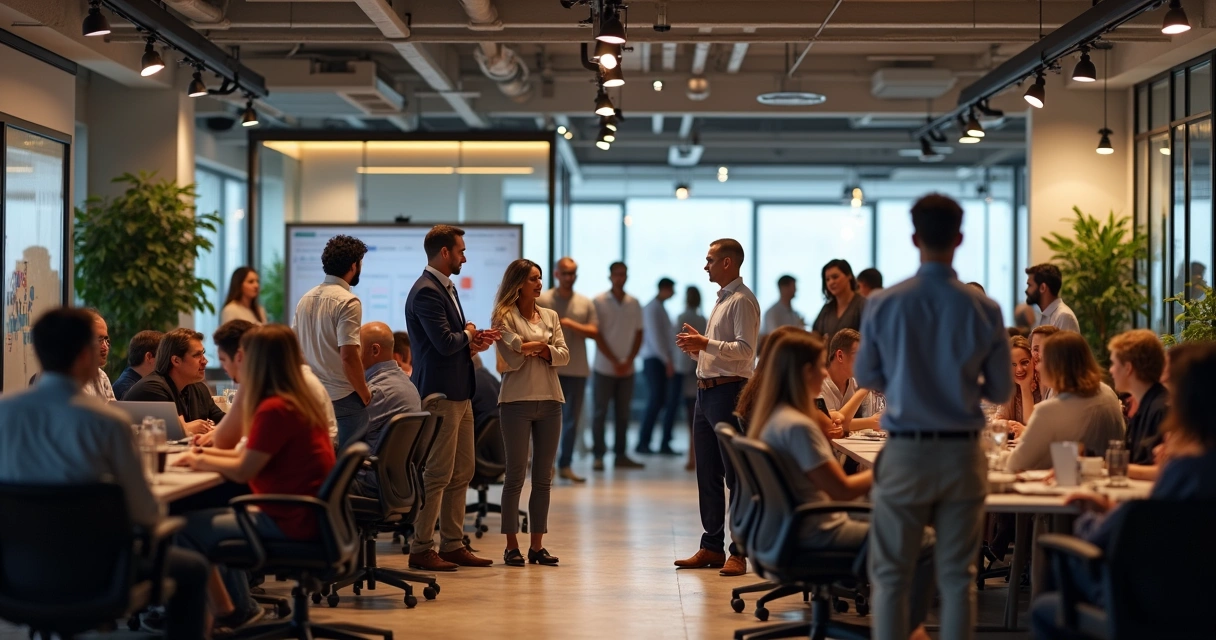 Profissionais conversando durante evento de networking em ambiente moderno 
