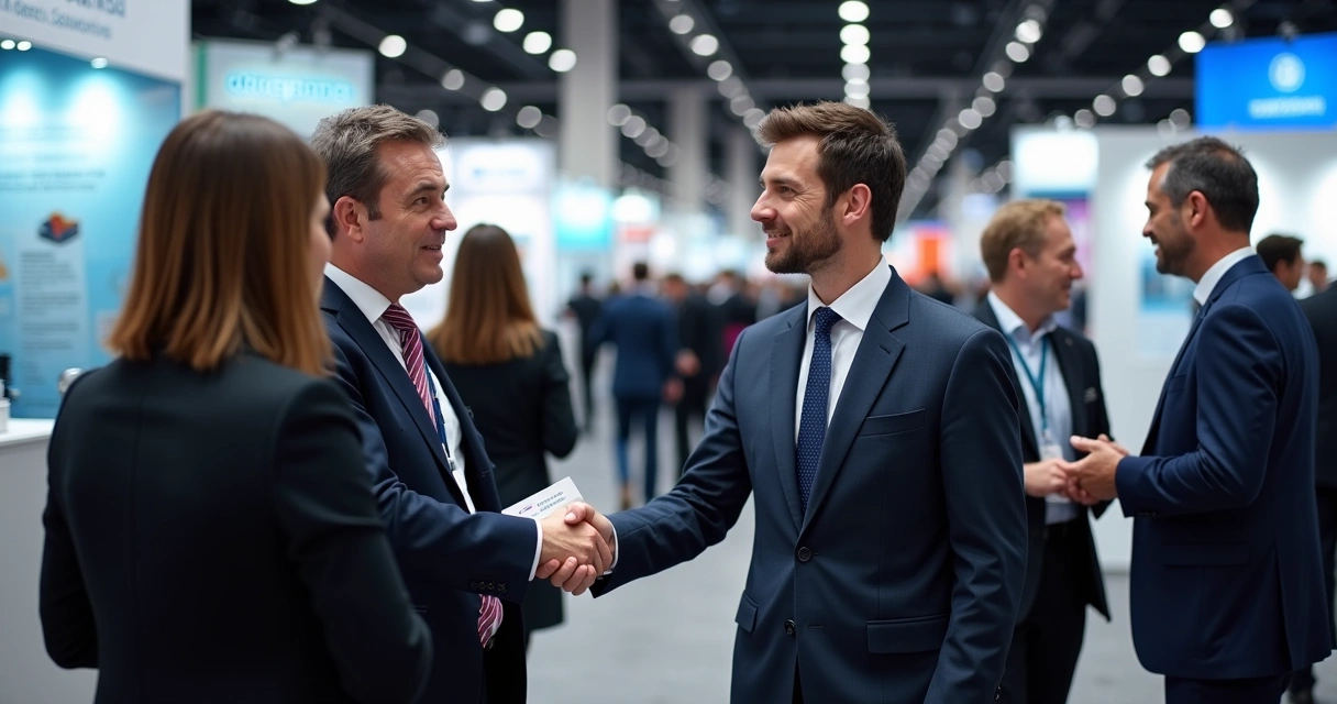 Profissionais de finanças trocando cartões em evento de networking