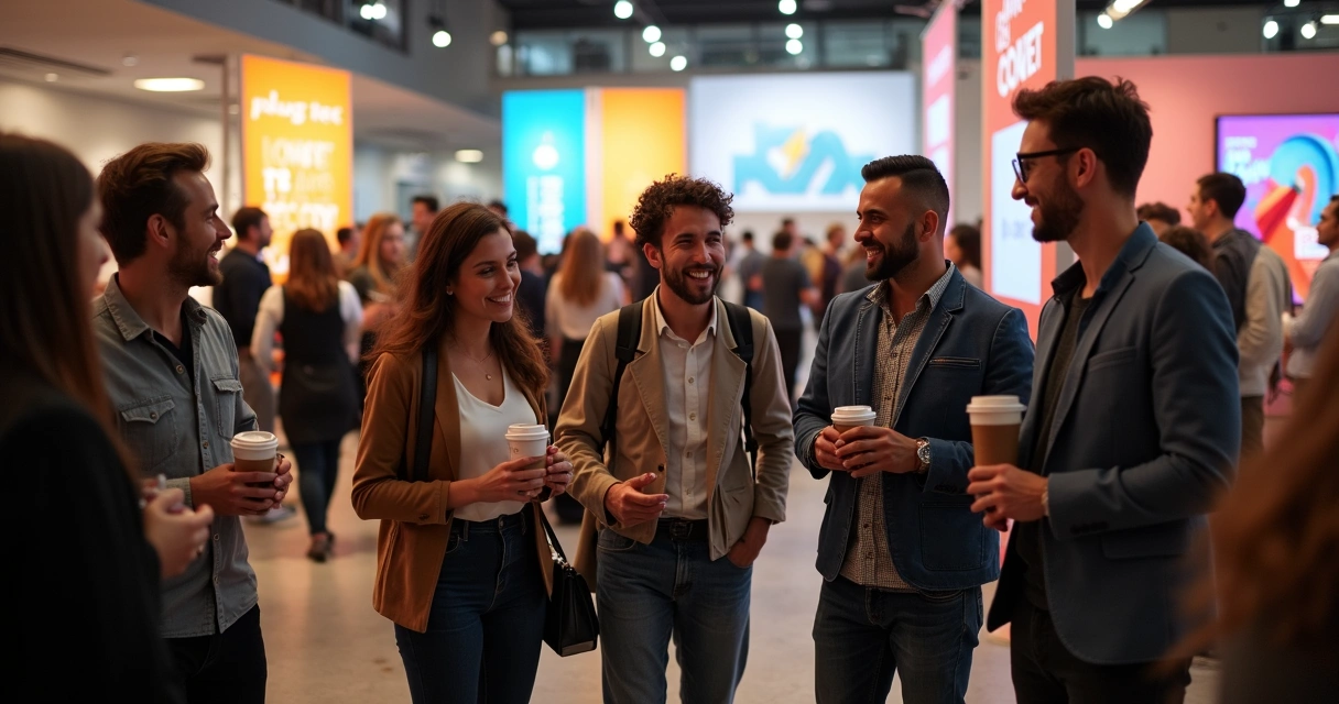 Profissionais de tecnologia sorrindo e conversando em um evento informal 