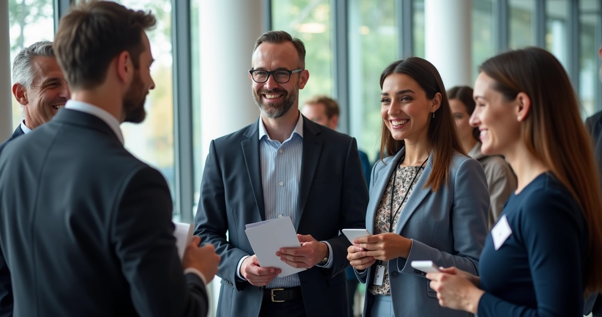 Profissionais conversando durante evento de networking para pós-graduandos