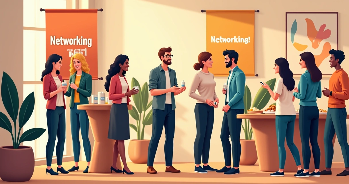 Profissionais interagindo em um evento de networking com ambiente iluminado e acolhedor.