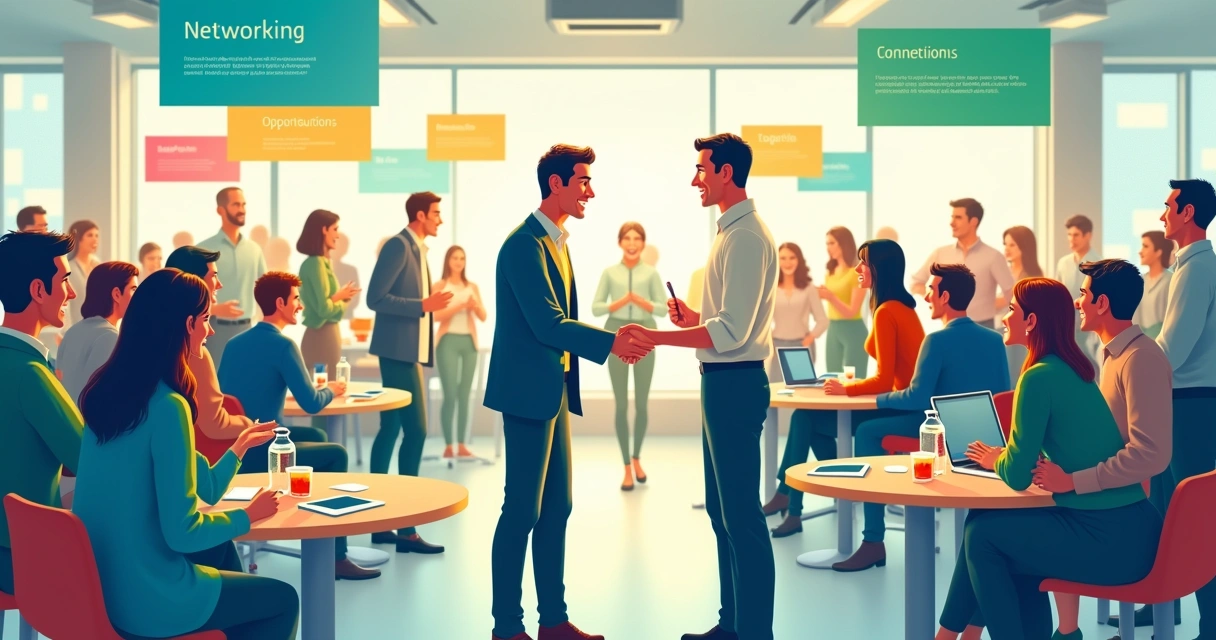 Evento de networking com profissionais interagindo e trocando cartões em um ambiente iluminado.