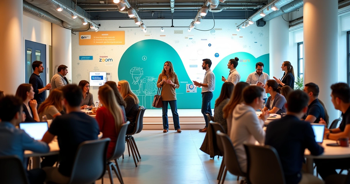 Evento de networking com profissionais interagindo, apresentando ideias e usando tecnologia, em um ambiente moderno e iluminado.