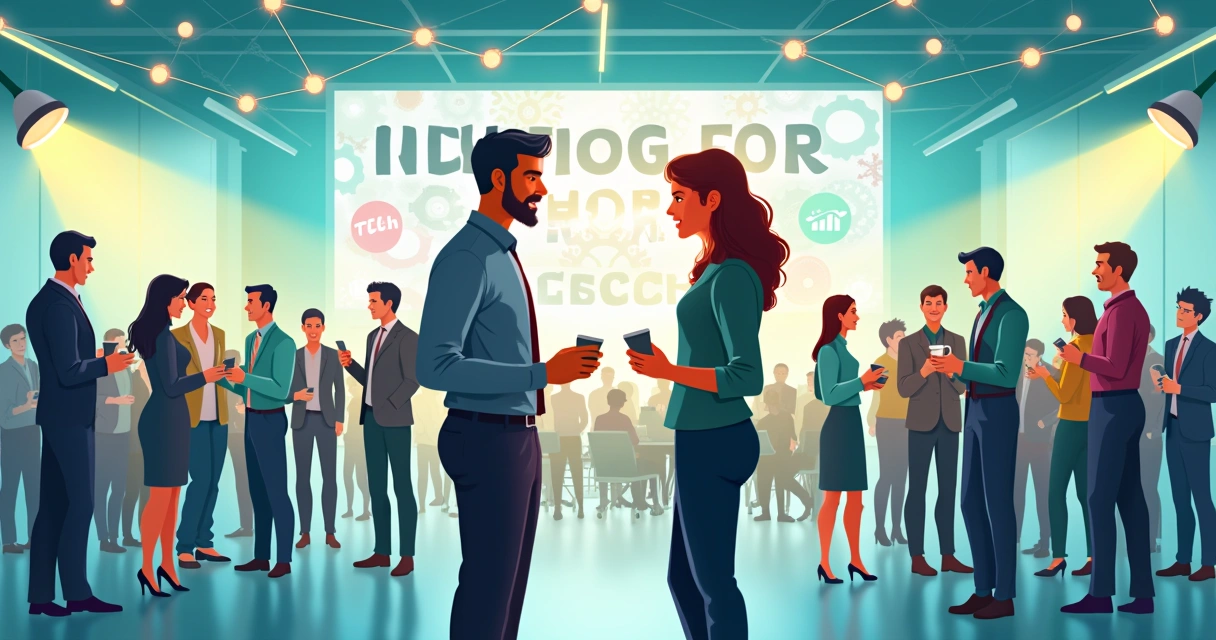 Evento de networking com profissionais trocando cartões e ideias em um ambiente vibrante e iluminado.