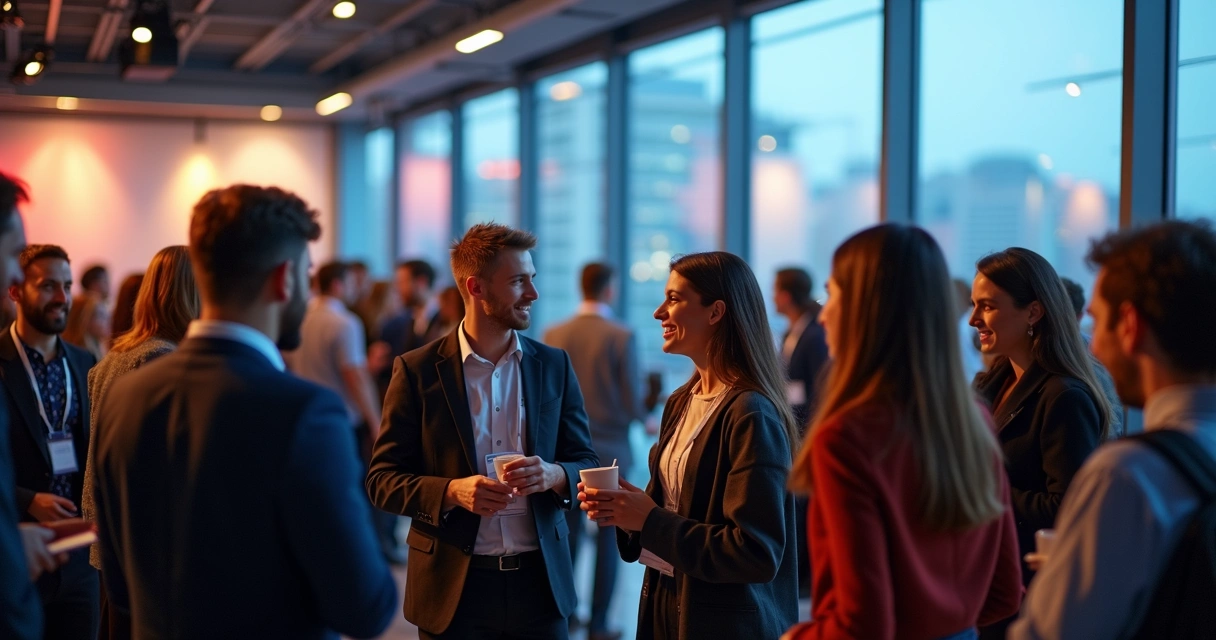 Profissionais em roda de conversa em evento de networking 