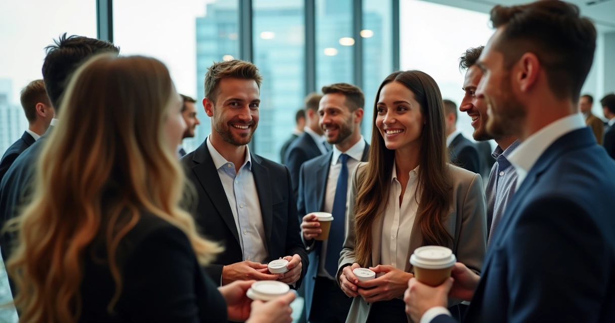 Profissionais conversando em evento de networking. 