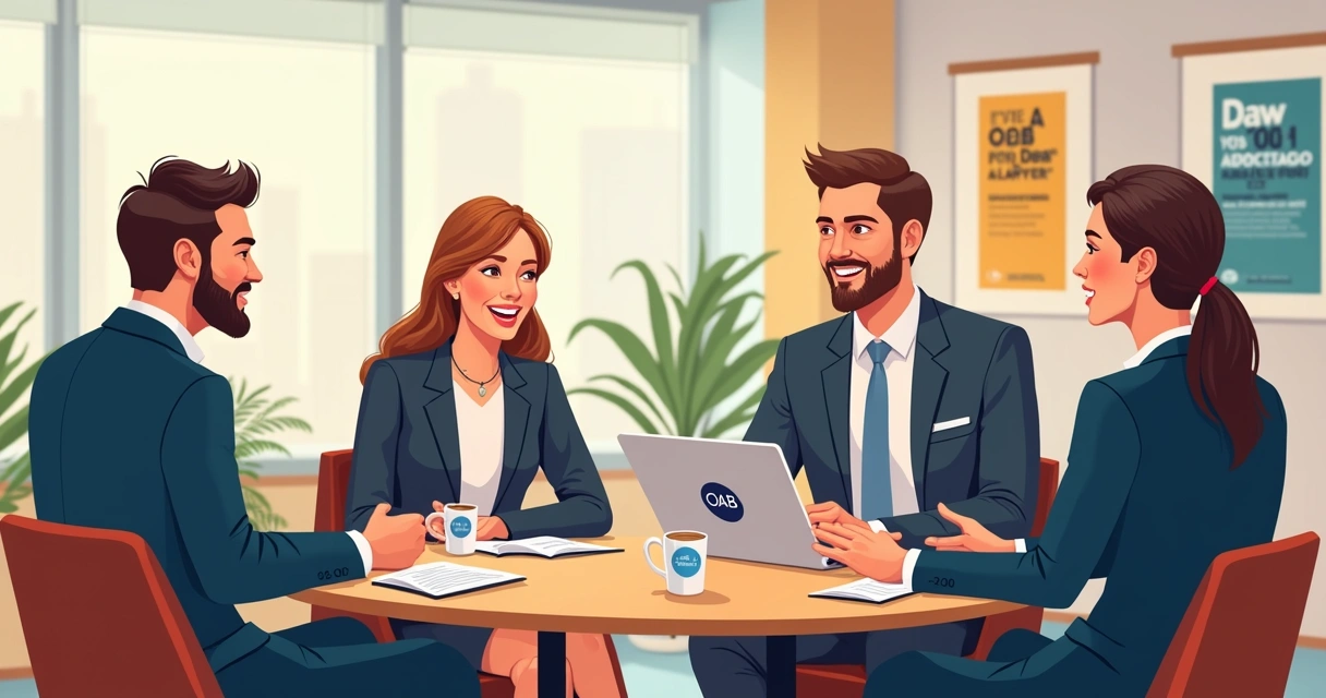 Advogados conversando em evento presencial de café 