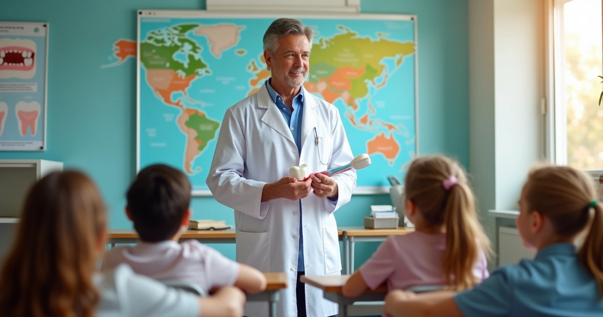Dentista palestrando para crianças em sala de aula com cartaz educativo