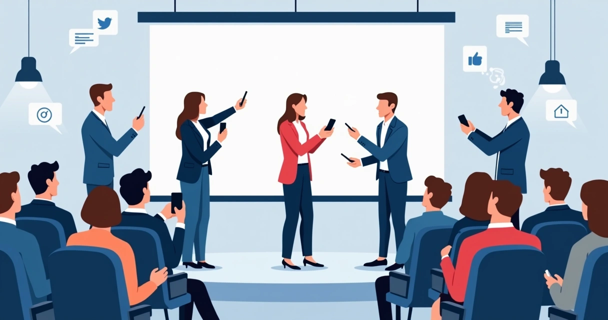 Ilustração flat corporativa de influenciadores em evento presencial com público e interação digital 