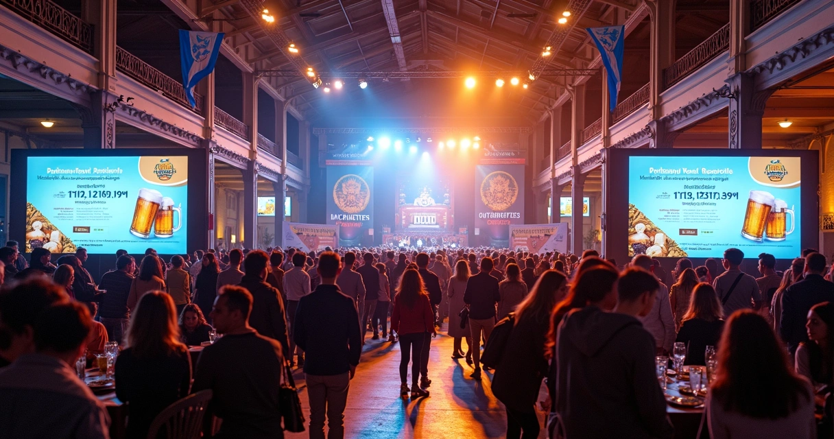 Pessoas em evento de marketing em Blumenau com decoração da Oktoberfest 