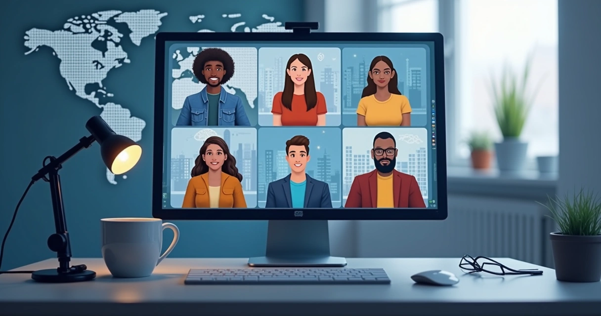 Pessoas de diferentes países participando de evento online pelo computador 