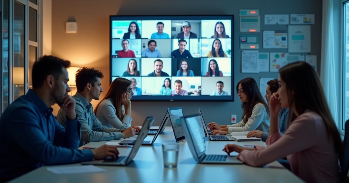 Estudantes fazendo networking em evento online com laptops abertos 