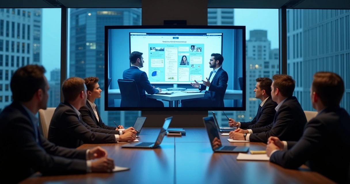 Profissionais participando de webinar B2B em escritório moderno 