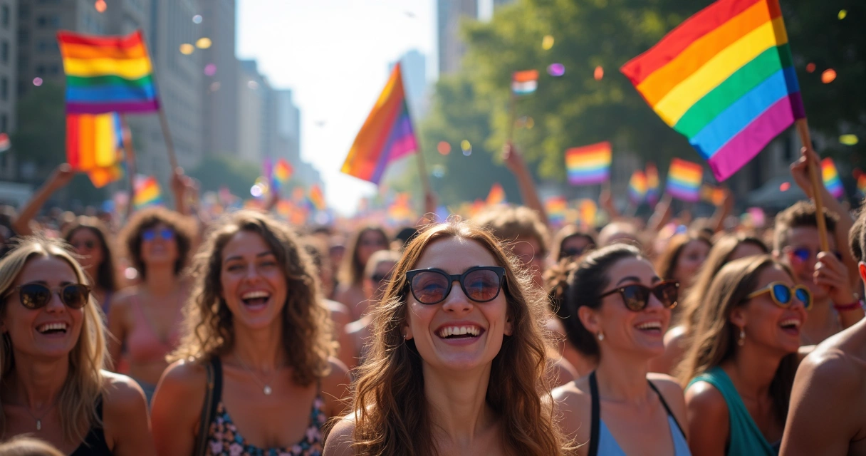 Pessoas em evento de orgulho com bandeiras de diferentes cores