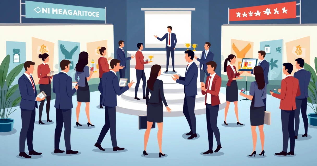 Grupos reunidos em talk show, troféus em evidência, banners da marca e ambiente descontraído. 