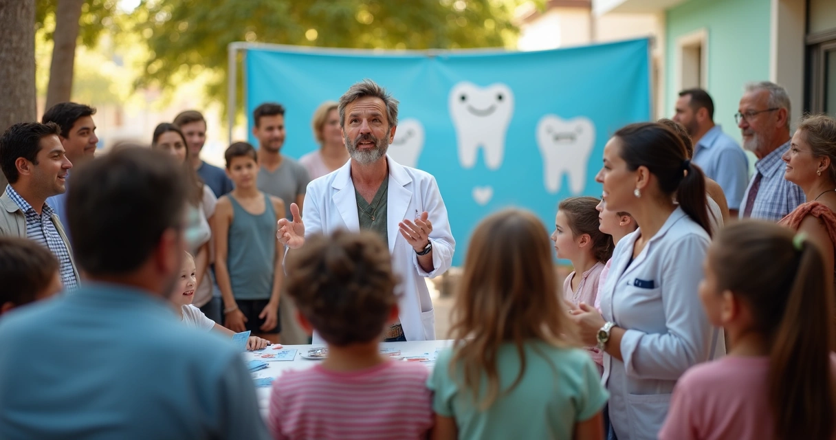 Dentista palestrando para grupo de adultos e crianças em evento comunitário