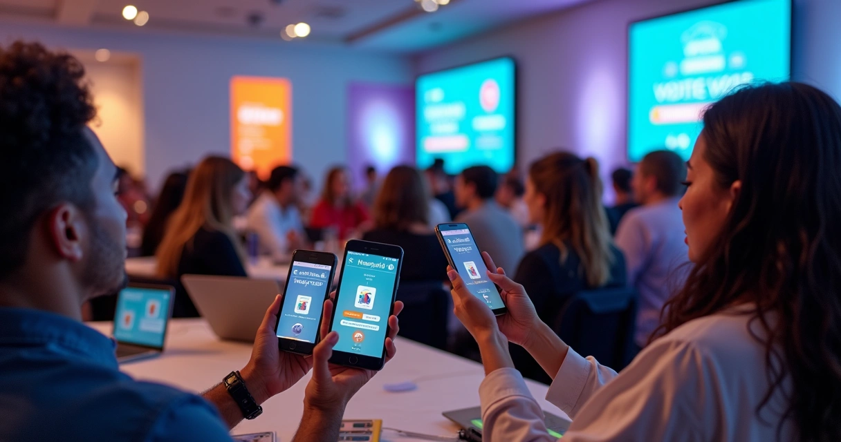 Pessoas usando celulares para compartilhar votos e conteúdos do evento nas redes sociais 