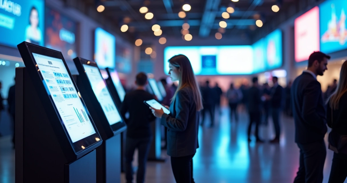 Pessoas interagindo com sistemas digitais em evento corporativo