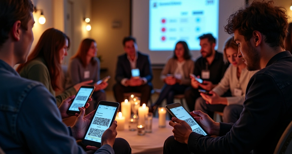 Grupo pequeno de pessoas em círculo usando celular e tablet durante evento 