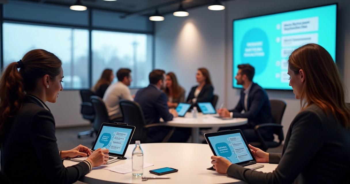 Sala pequena com pessoas usando tablets e smartphones em evento digital interativo 