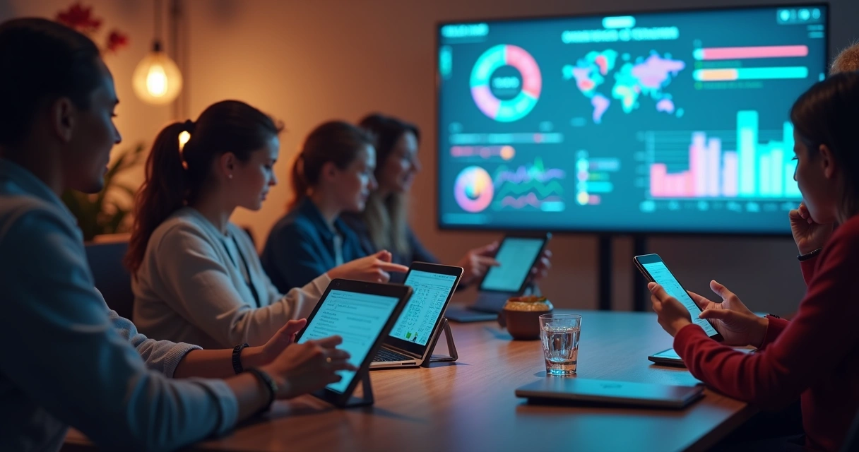 Pessoas interagindo com tablets em evento pequeno para votação digital com gráficos e dados ao fundo 