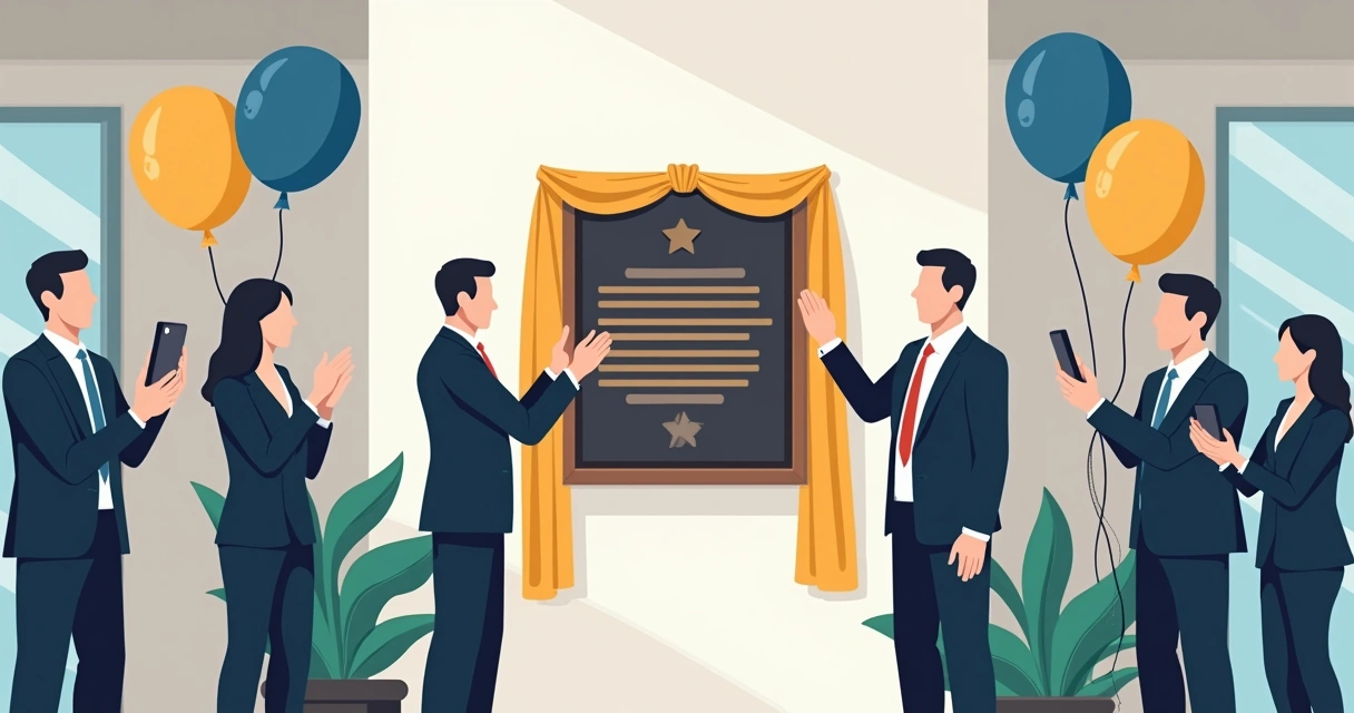 Cerimônia com pessoas revelando placa inaugural em evento corporativo 