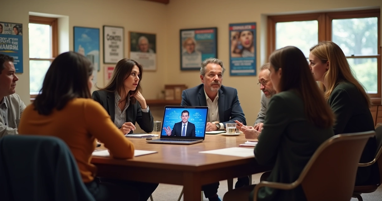 Equipe política organiza reunião presencial com eleitores e usa notebook para transmissão online