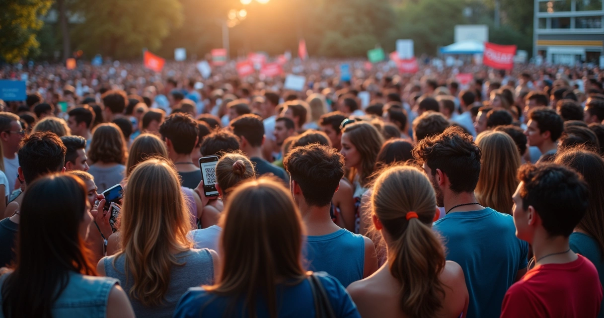 Jovens em evento político presencial usando celulares, QR Codes visíveis