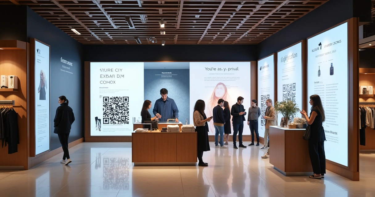 Pop-up store moderna conectada digitalmente com telas interativas 