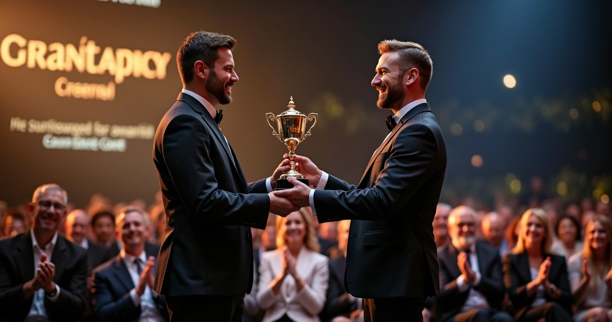 Cerimônia de premiação corporativa com entrega de troféu personalizado 