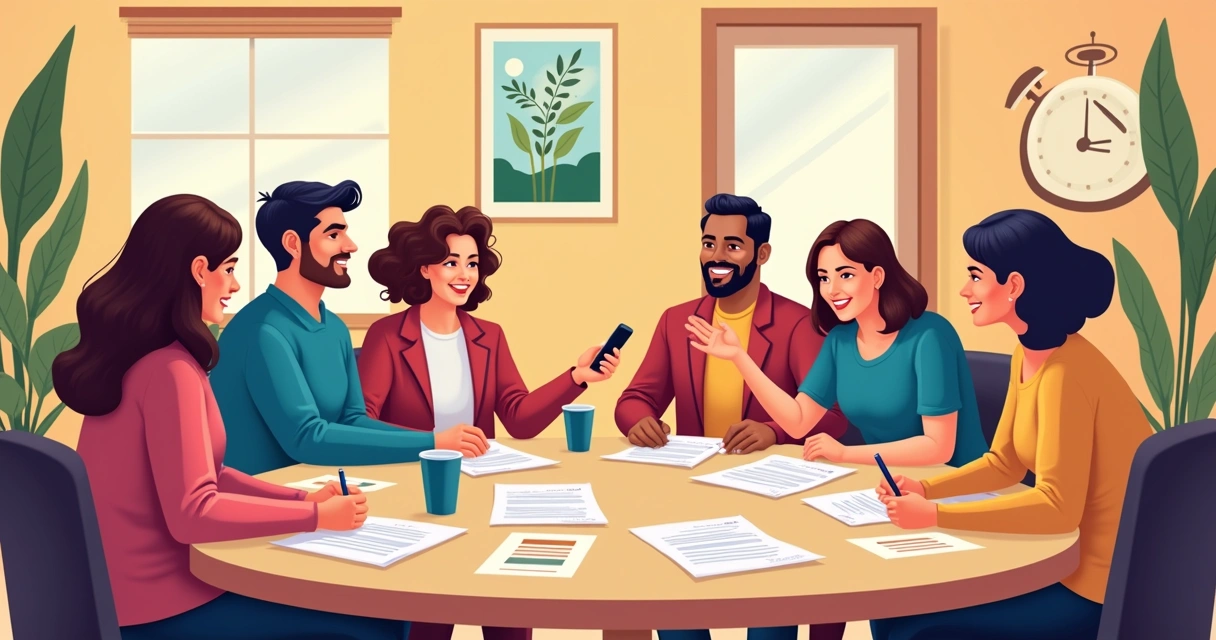 Candidatos e apoiadores discutindo em evento de pré-campanha com materiais de comunicação 