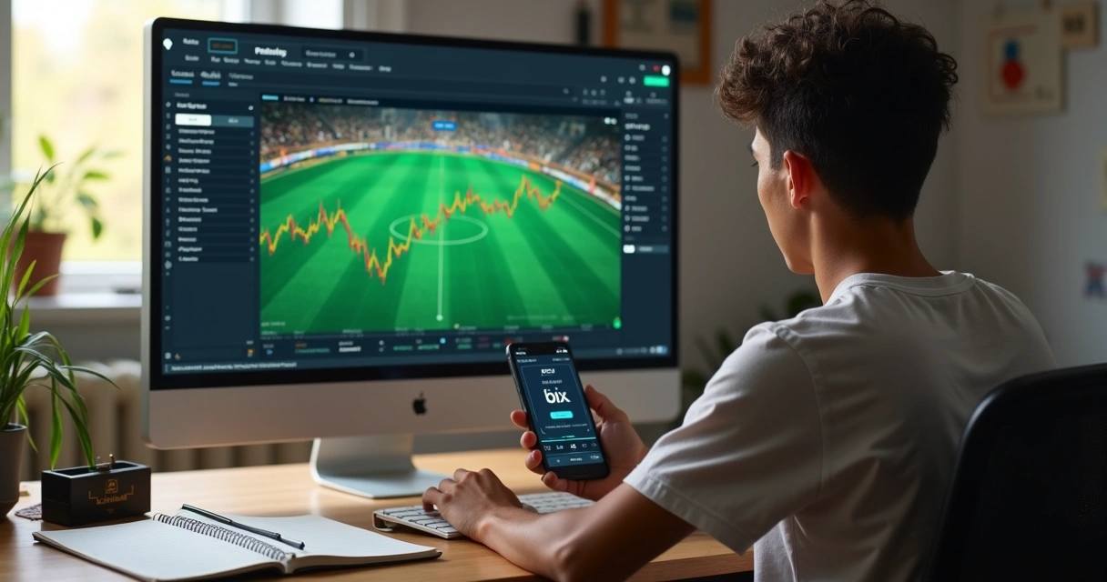 Usuário jovem analisando evento esportivo e gráfico em tela de computador 