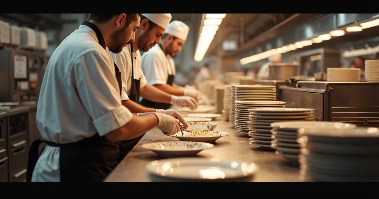 Equipe de cozinha usando lava-louças industrial durante evento 