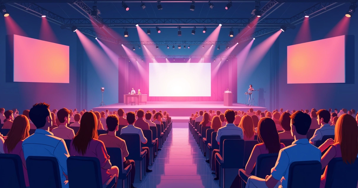 Público sorridente em conferência presencial 