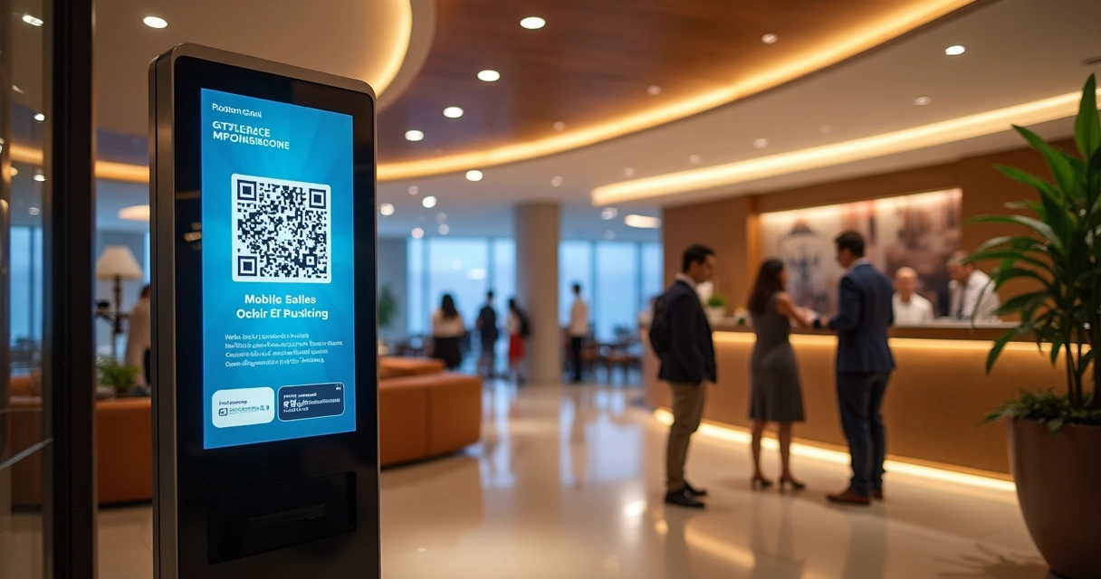 Ponto de evento em área comum do hotel com QR code destacado