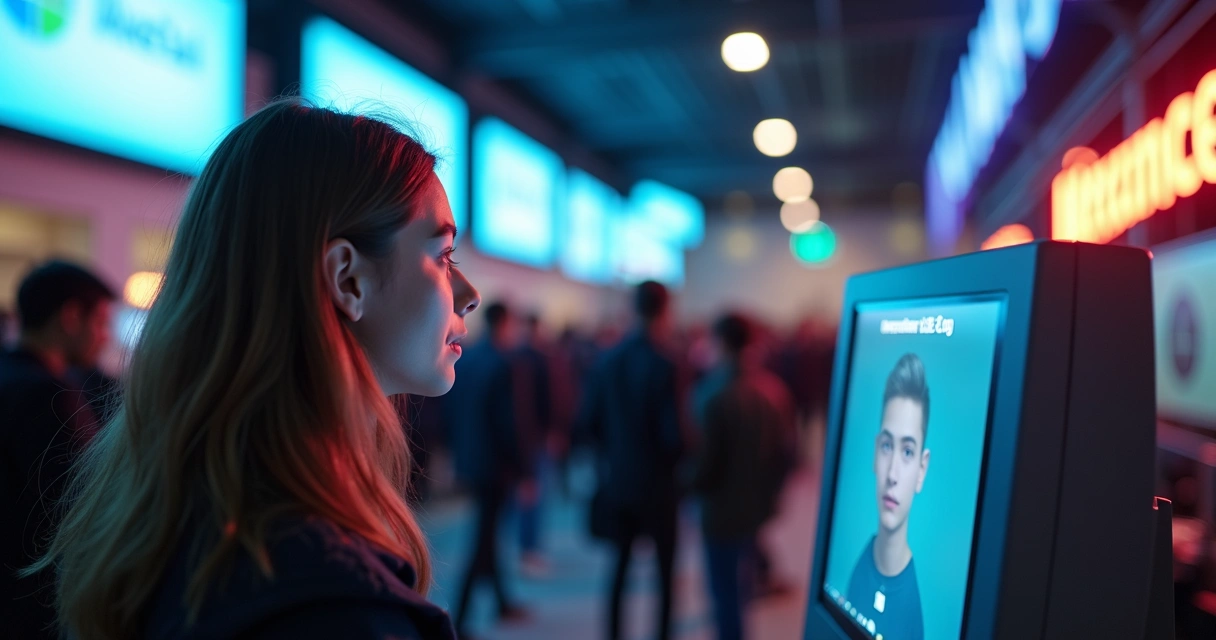 Participante em evento passando pelo controle de acesso com reconhecimento facial 