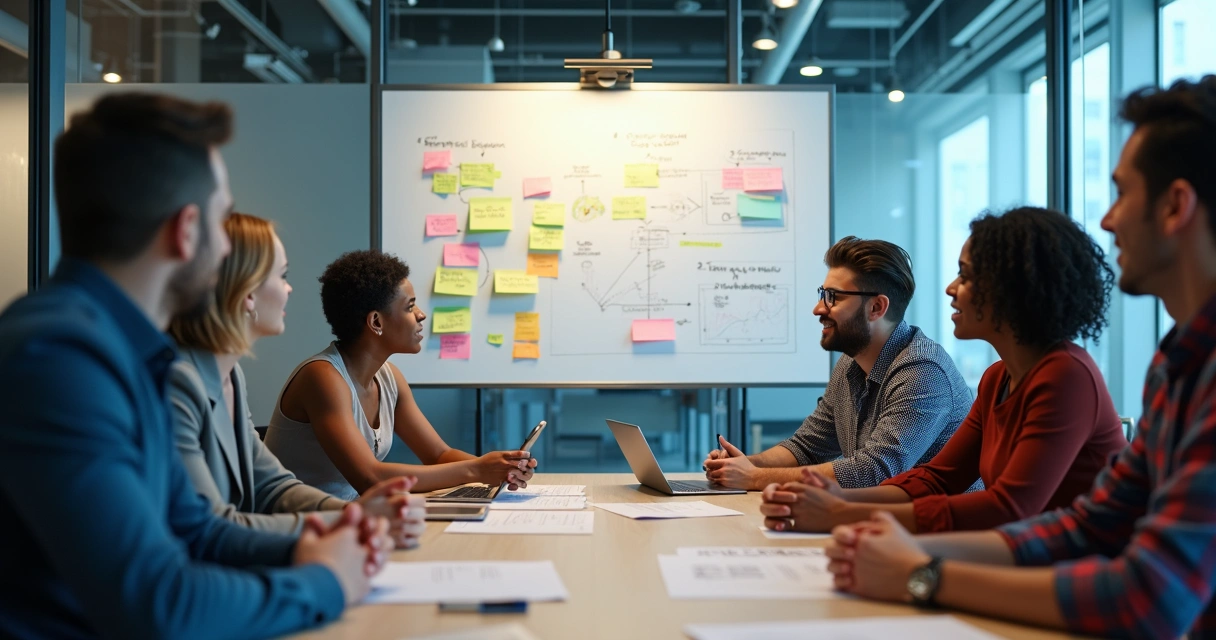 Equipe de startup discutindo investimento em sala de reunião moderna 