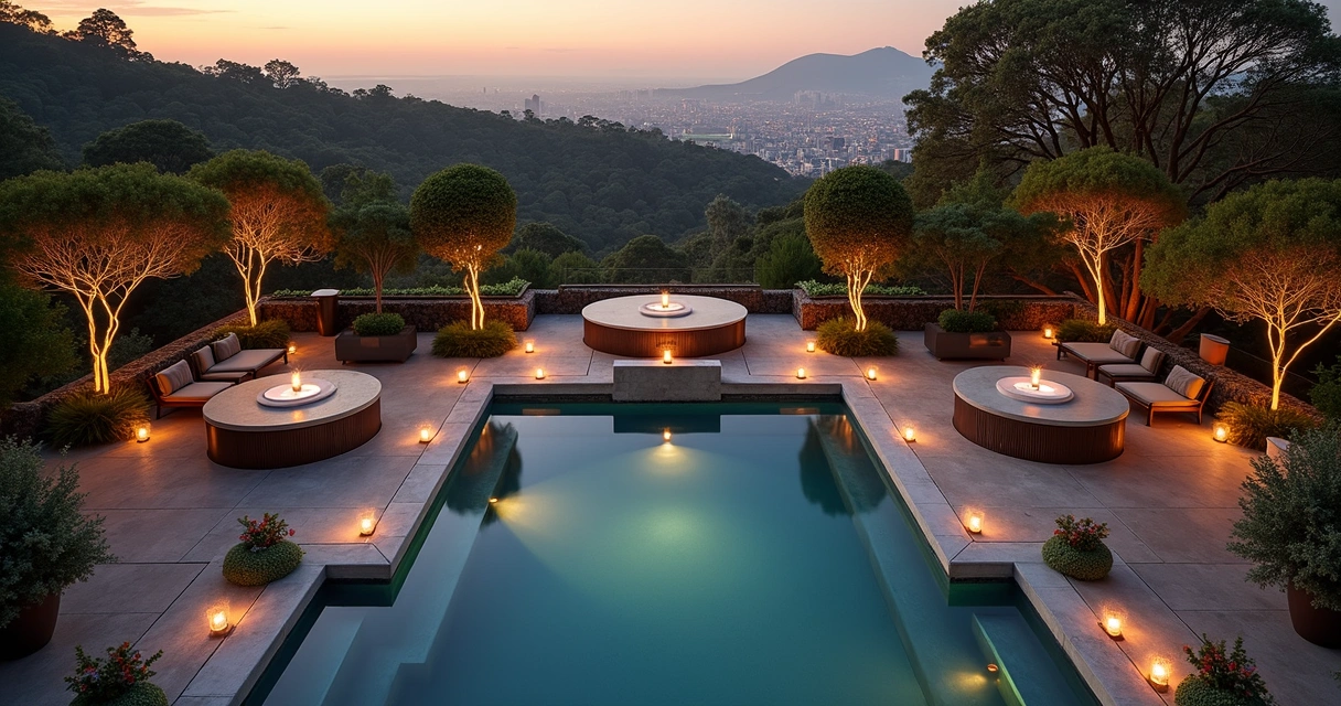 Rooftop de spa preparado para evento ao entardecer com decoração sofisticada e vista para árvores 