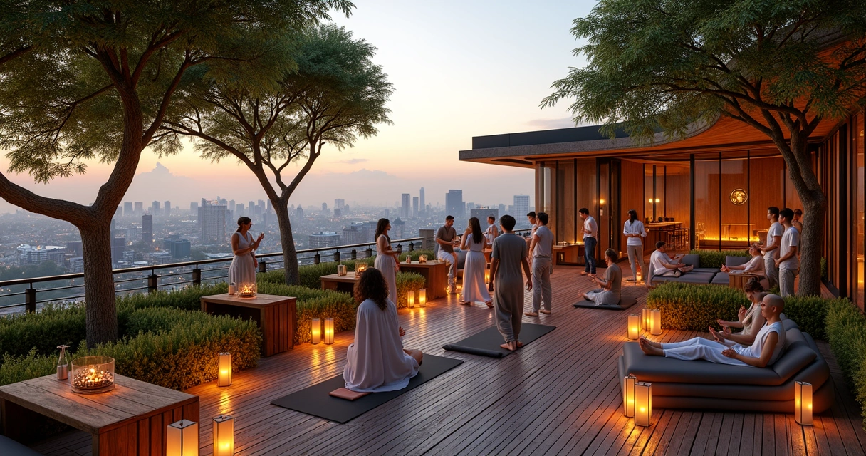 Evento exclusivo no rooftop de spa urbano rodeado de natureza 
