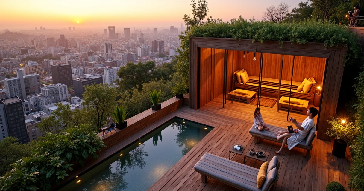 Rooftop spa com sauna ao ar livre e pessoas relaxando 